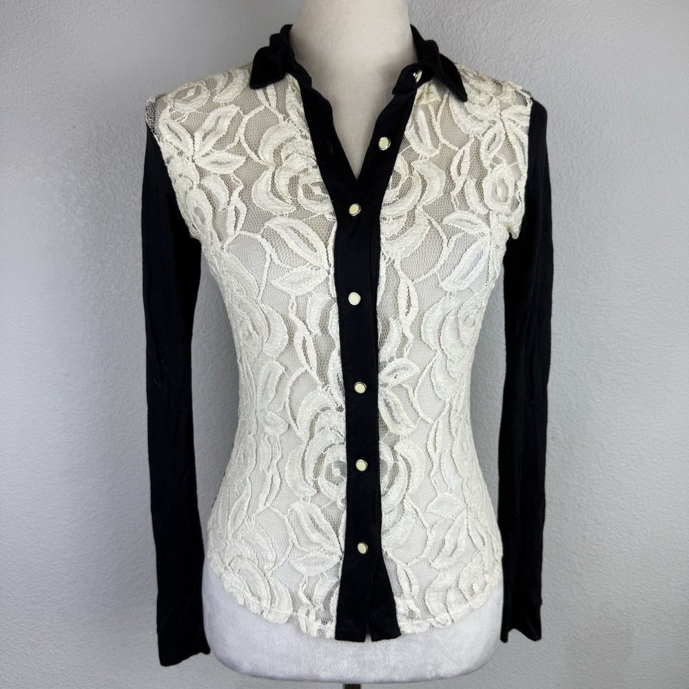 Y2K Wet Seal Semi Lace Long Sleeve Button Down Top Collared Blk/White Trendy XS